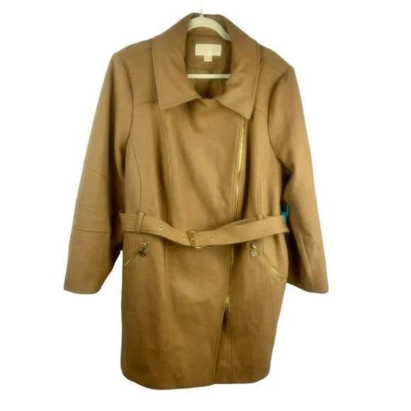NEW Michael Michael Kors Coat Woman Plus‎ 2X Tan Camel Asymmetrical Zip Belt - Picture 1 of 8